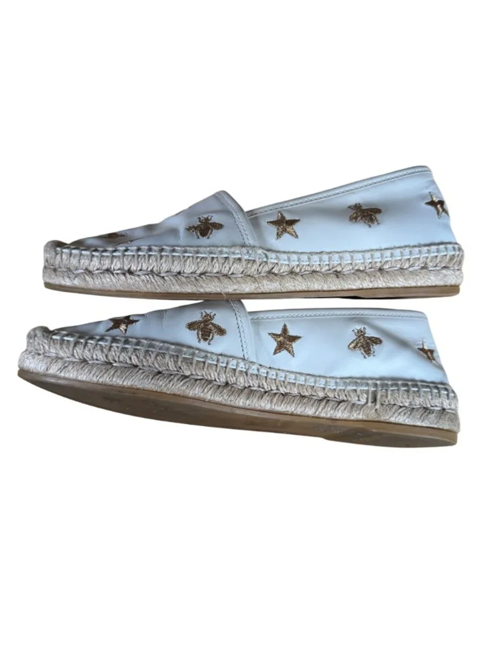 Gucci White Leather Pilar Bee Embroidered Espadrilles Shoes Size EU 37 US 7